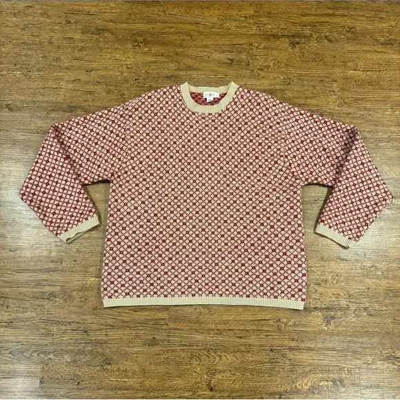 VTG J.CREW Oarsman Red Geometric Diamond Fisherman Wool Crewneck Sweater Men's L